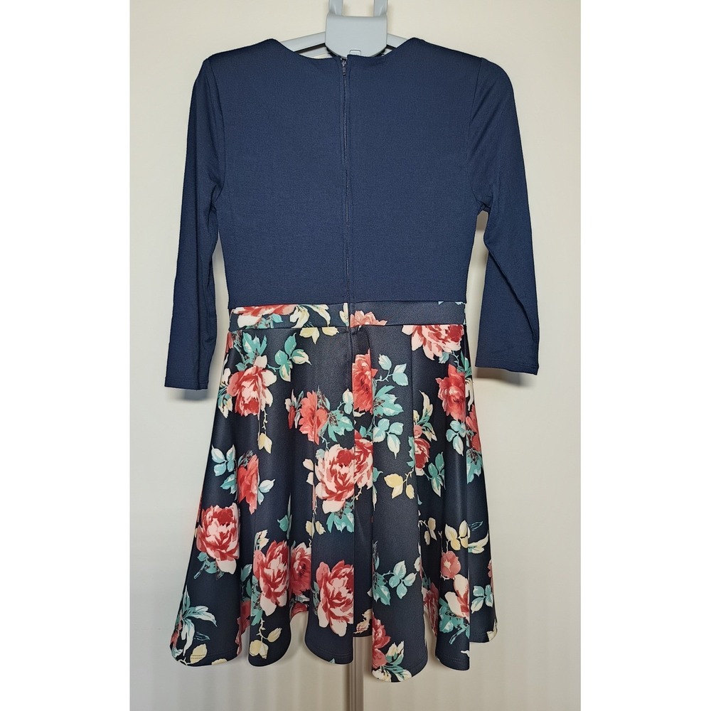 City Studio Women Navy Blue Floral Fit and Flare Summer Dress 3/4 Sleeve Size 11